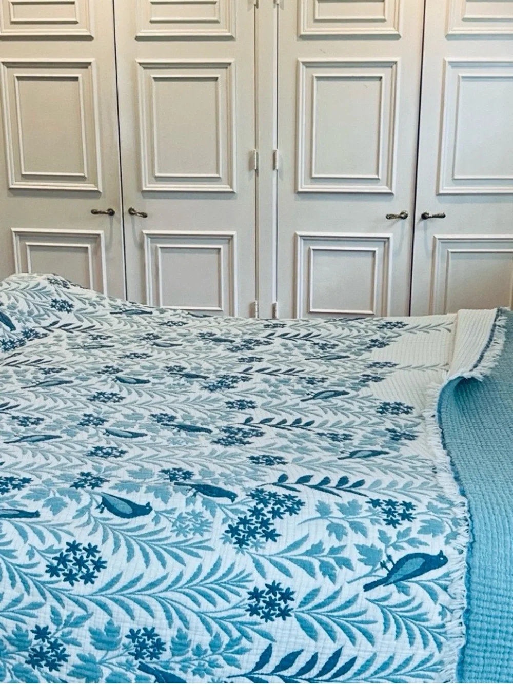 Luxury 7 Layer Woven Quilt Size KING Growing Florals Leaves Birds Teal Tan NEW